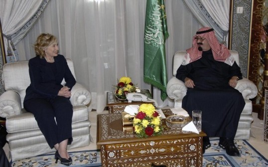 Saudi Arabia's King Abdullah meets U.S. Secretary of State Hillary Clinton at the Royal Palace in Riyadh
